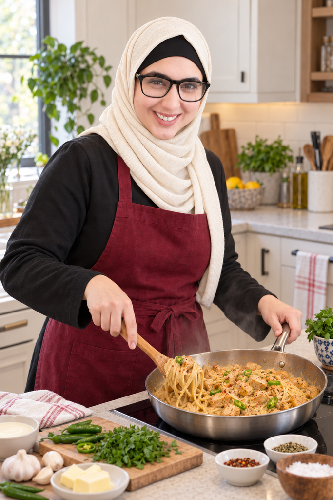 Bushra Waheed tasting homemade butter chicken pasta
