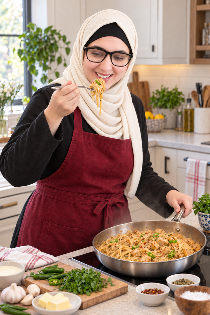 Bushra Waheed tasting homemade butter chicken pasta