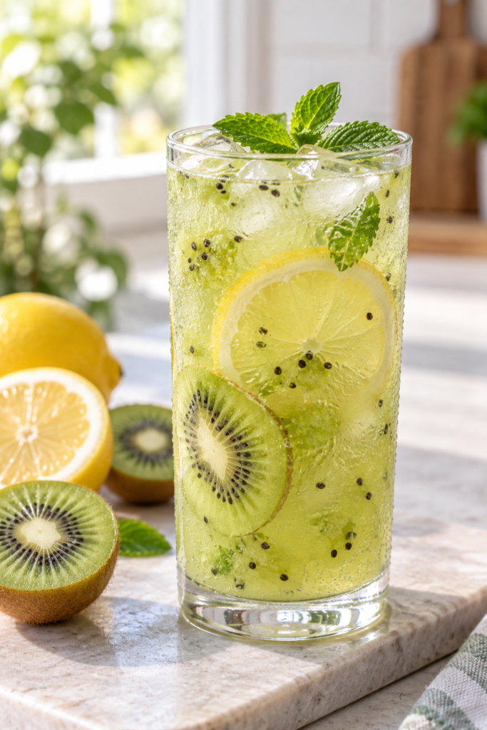 Refreshing fizzy kiwi lemonade with fresh kiwi, lemon and mint