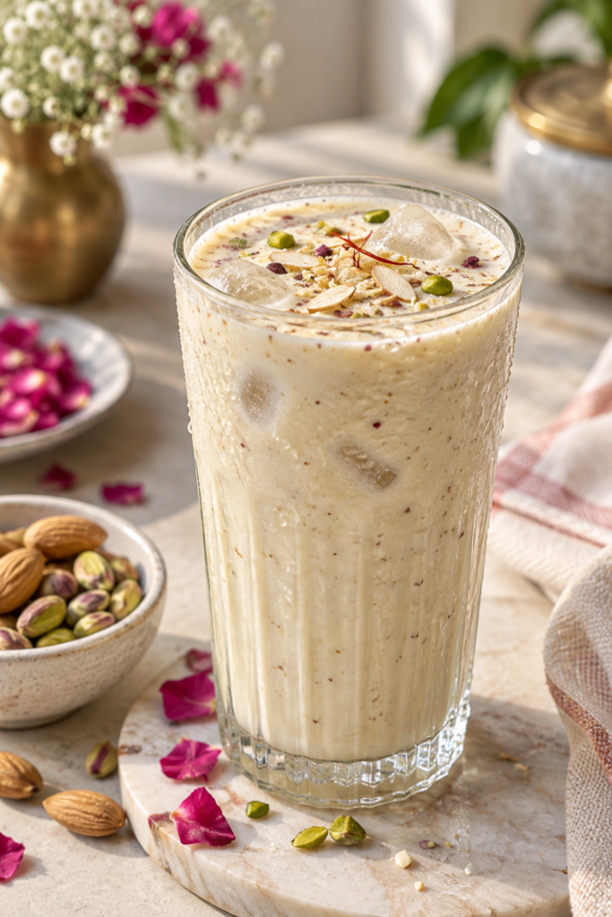 Traditional Pakistani Thandai garnished with almonds and pistachios