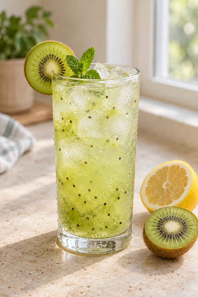 Refreshing fizzy kiwi lemonade with fresh kiwi, lemon and mint